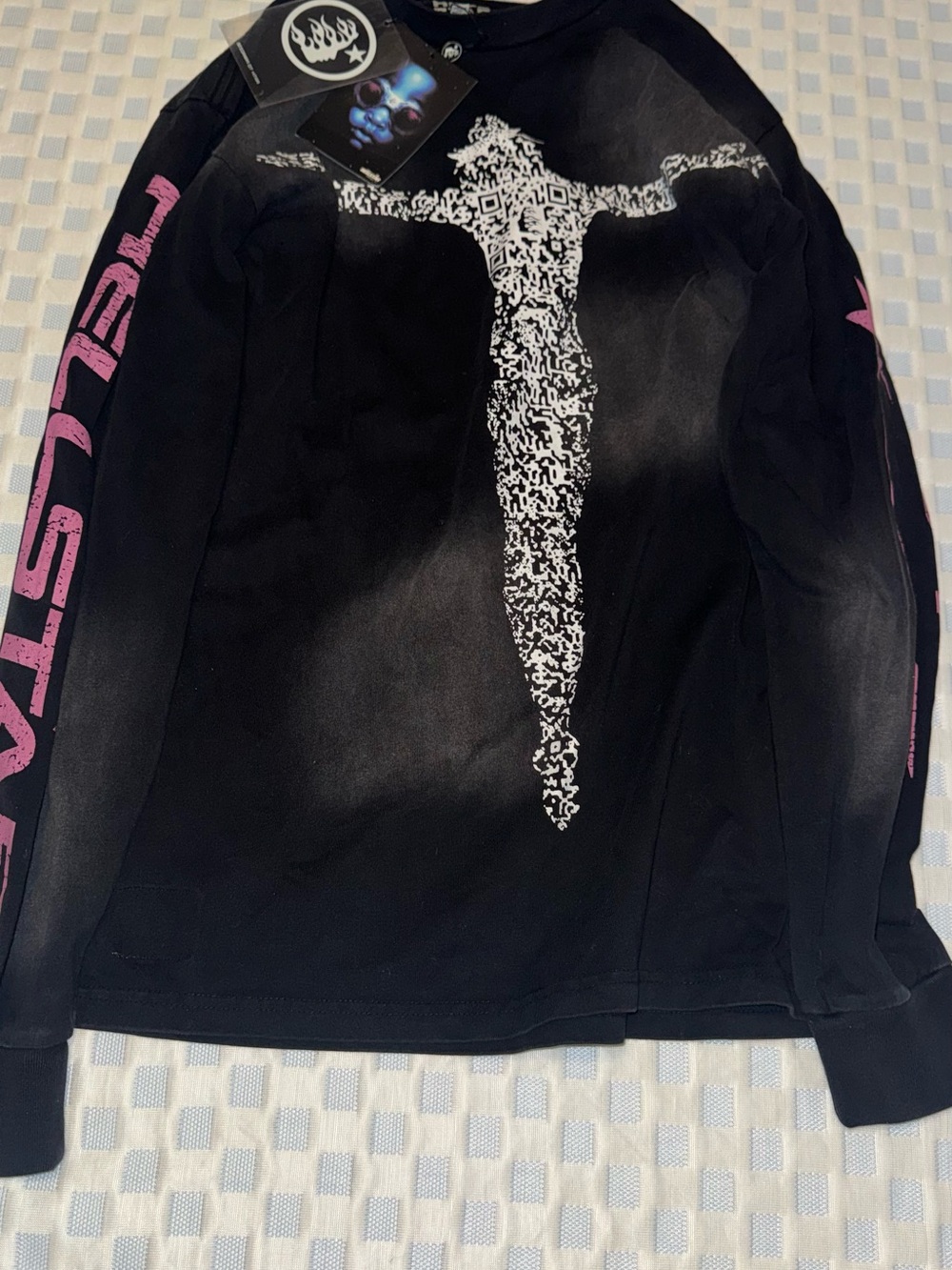 Black Long-Sleeve Graphic Sweater with Pink Sleeve Text